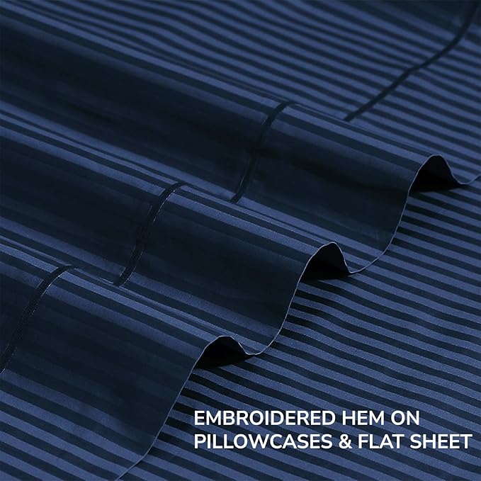 Feather & Stitch 500 TC Twin Size Damask Bed Sheet Set, 100% Cotton Soft Breathable Bedsheets, 3 Piece 18" Deep Pockets Sateen Weave Striped Bedding Mattress Resort Hotel Luxury - (Dark Blue Stripe)