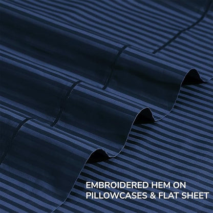 Feather & Stitch 500 TC California King Size Bed Sheet Set, 100% Cotton Soft Breathable Bedsheets, 4 Piece 18" Deep Pockets Sateen Weave Striped Bedding Mattress Resort Hotel - (Dark Blue Stripe)