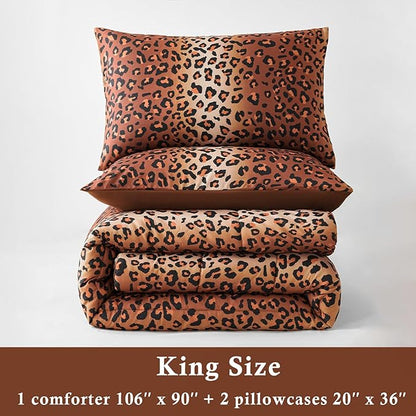 PERFEMET Leopard Print Bedding Set King, 3 Pieces Animal Cheetah Print Comforter Set with 2 Pillowcases, Soft Fluffy Farmhouse Leopard Pattern Bed Set for All Season (Brown, King)
