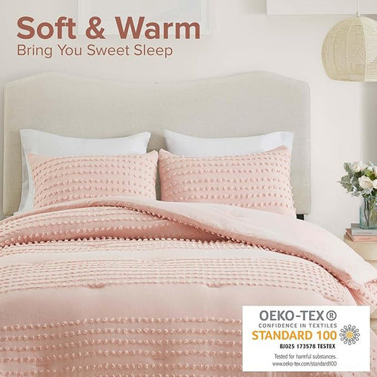 Comfort Spaces Cotton Comforter Set Jacquard Pom-Pom Tufts Design, Down Alternative, All Season Modern Bedding, Matching Shams, Full/Queen, Phillips, Blush