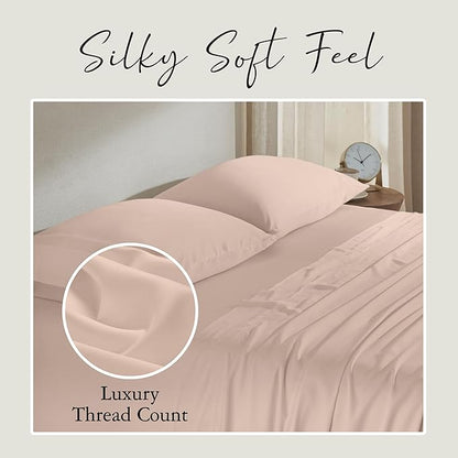 KARISSA MAE Cooling Bamboo Viscose 34" Split Top King Sheet Set | 100% FSC Certified | 18” Deep Pocket | Silky, Soft, & Hypoallergenic | with Organizer Band & Elastic Corner Straps [Pink Peony]