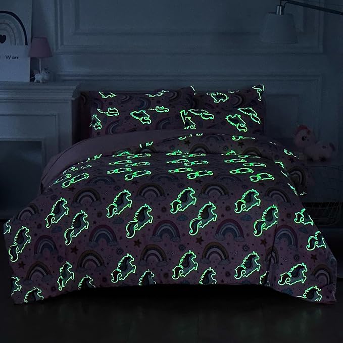 Glow in The Dark Kids Comforter Set, 7 Pieces Pink Unicorn Bedding Set Full Size for Boys Girls Teen, 1 Comforter, 2 Pillowcases, 2 Pillow Shams, 1 Flat Sheet, 1 Fitted Sheet