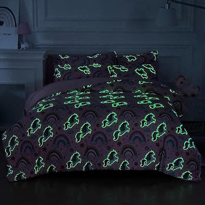 Glow in The Dark Kids Comforter Set, 7 Pieces Pink Unicorn Bedding Set Full Size for Boys Girls Teen, 1 Comforter, 2 Pillowcases, 2 Pillow Shams, 1 Flat Sheet, 1 Fitted Sheet