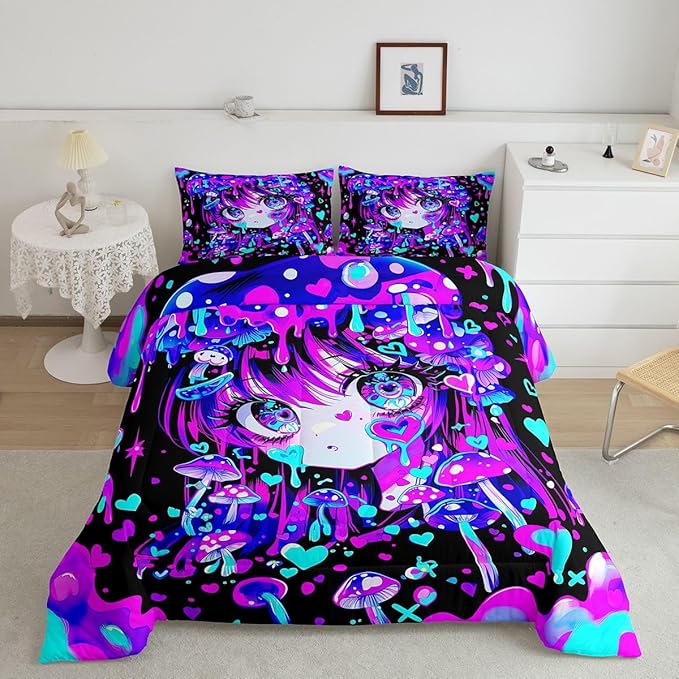 Erosebridal Japanese Girl Bedding Queen,Cartoon Girly Comforter Set 3D Anime Gifts Bed Sets Colorful Graffiti Print Duvet Insert 3 Pieces