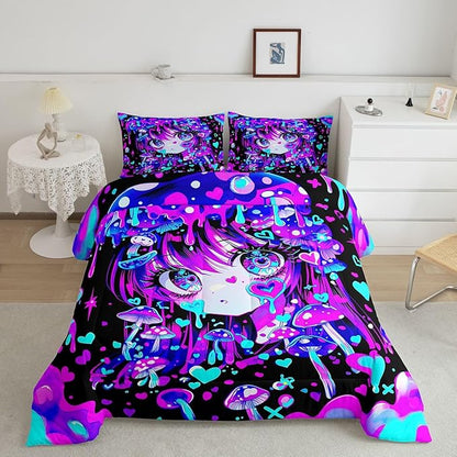 Erosebridal Japanese Girl Bedding King,Cartoon Girly Comforter Set 3D Anime Gifts Bed Sets Colorful Graffiti Print Duvet Insert 3 Pieces