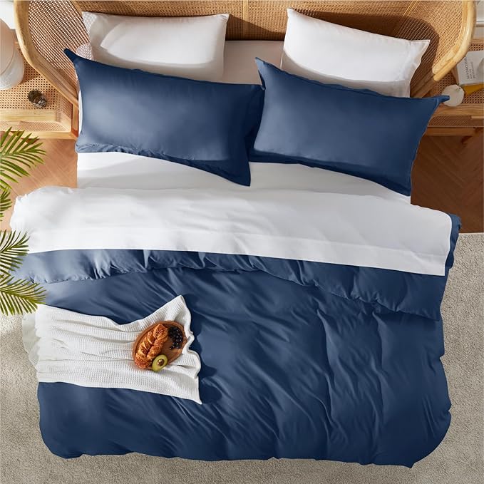 Nestl Navy Blue Duvet Cover Queen Size - Soft Double Brushed Queen Duvet Cover Set, 3 Piece, with Button Closure, 1 Duvet Cover 90x90 inches and 2 Pillow Shams