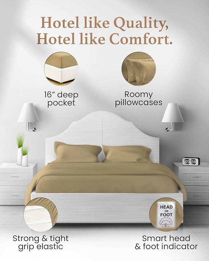 Good Sleep Bedding California King Sheet Sets - 100% Egyptian Cotton Sheets California King Size, 4Pc, Cal King Sheet Set, Soft Sateen Weave, 16" Deep Pocket California King Sheet Set - Taupe