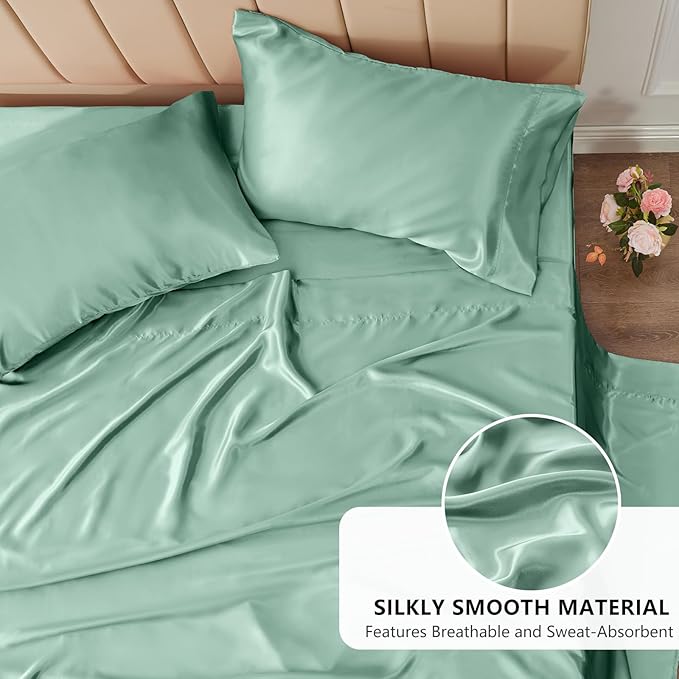 CozyLux Satin Sheets Full Size Sheets - 4 Piece Silky Full Size Bed Sheets, Luxury Aqua Full Bed Set with Smooth and Soft Microfiber, Includes 1 Fitted Sheet, 1 Flat Sheet and 2 Pillowcases