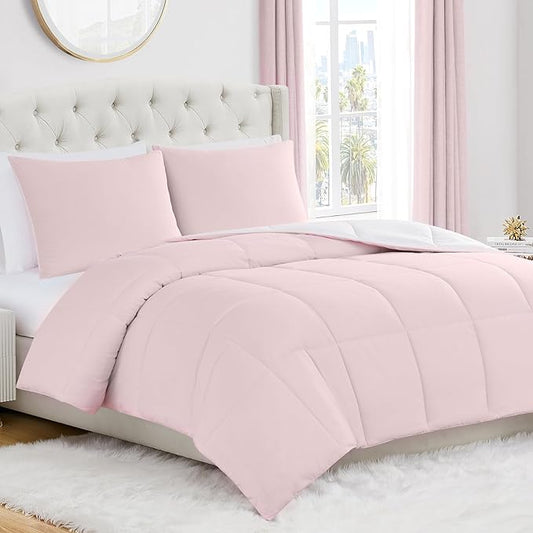 Juicy Couture Reversible Box Stitch Comforter Set, 3-Piece King – Pink Marshmallow/White – Glam Bedding Set