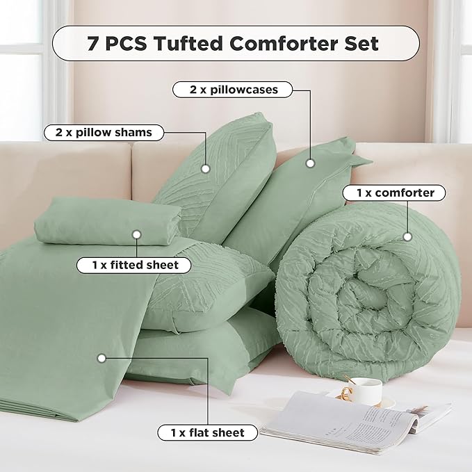 Andency California King Comforter Set Sage Green - 7 Pieces Bed in a Bag Cal King Bedding Comforter Sets, Tufted Lightweight Fluffy Bed Set with Comforter, Sheets, Pillowcases & Shams