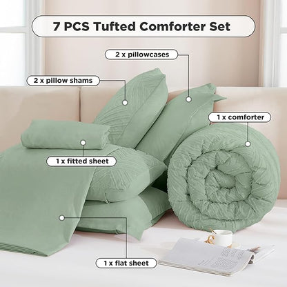 Andency Queen Comforter Set 7 Piece Sage Green - Bed in a Bag Queen Boho Lightweight Fluffy Tufted Bedding Sets with Comforter, Sheets, Pillowcases & Shams