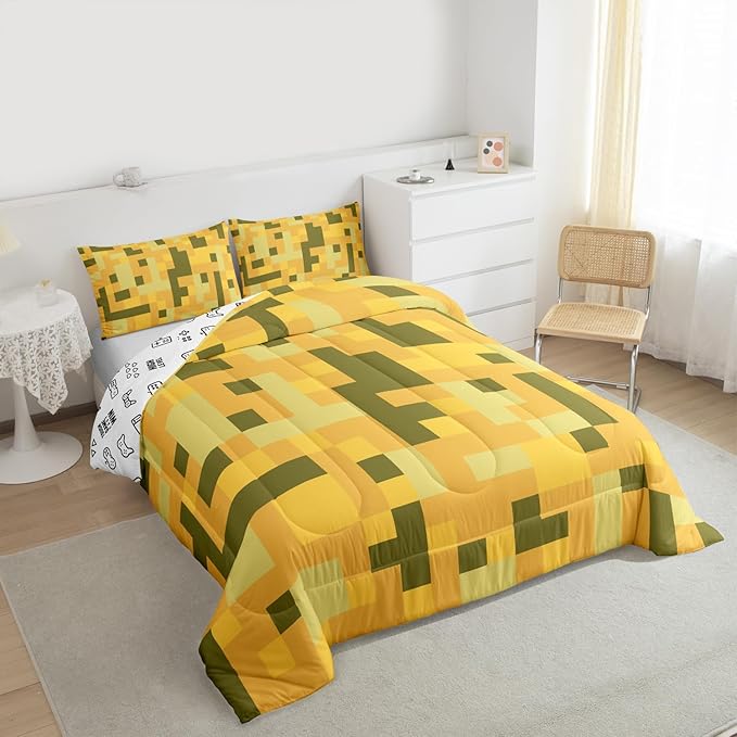 Pixelated Blocks MinersComforter Set King Size,Video Games Cartoon Gamepad Kids Bedding Set,Army Camouflage Game Quilt Comforter,Yellow Green Duvet Insert,2 Pillowcases