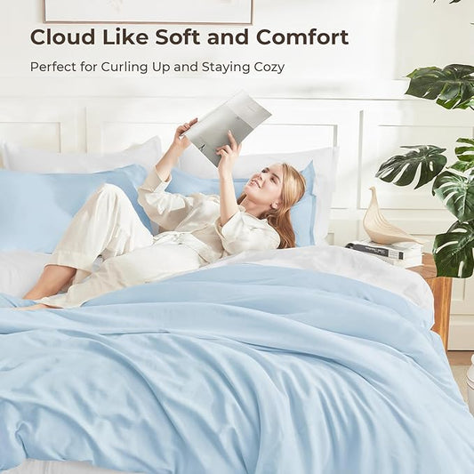 Litanika Comforters Light Blue King Size, 3 Pieces Lightweight Solid Bedding Comforter Set, All Season Fluffy Bed Set (104x90In Comforter & 2 Pillowcases)