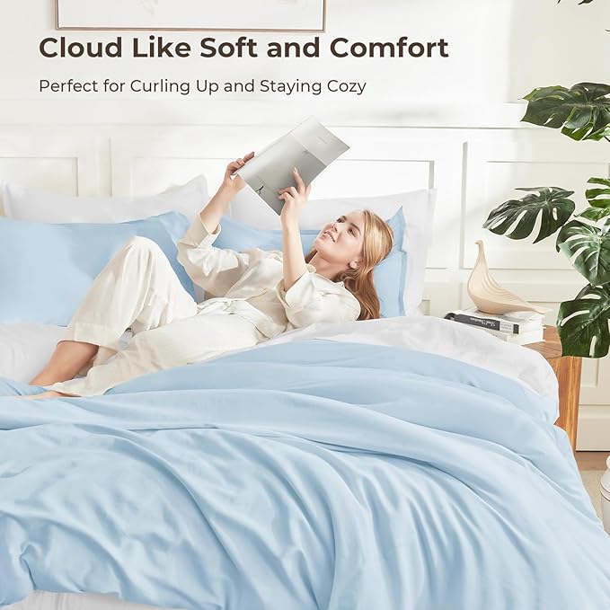 Litanika Comforters Light Blue California King Size, 3 Pieces Cal King Lightweight Solid Bedding Comforter Set, All Season Fluffy Bed Set (104x96In Comforter & 2 Pillowcases)