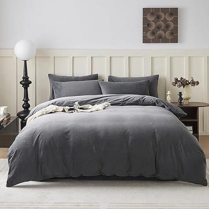 Cottonight Grey Velvet Comforter Set King Plush Fluffy Gray Bedding Set Winter Warm Cozy Super Soft Heavyweight Flannel Comforter Set with 2 Pillowcases Soft Comfy for Women Men Adults