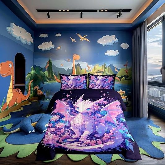 Cartoon Dragon Wildlife King Size Comforter/Duvet Set,Kids Dragon Ultra Soft Bed Collection,Watercolor Flower Bedding for Room Decor 3 Pcs,Microfiber Breathable