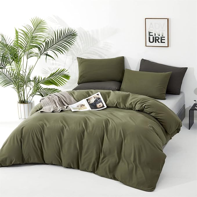CLOTHKNOW Olive Green Queen Comforter Set Green Bedding Comforter Sets Soft Dark Green Comforter with 2 x Pillow Cases
