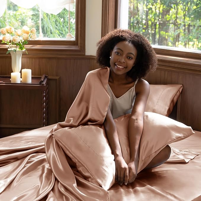 CozyLux Satin Sheets Queen Size Bed Set - 4 Piece Silky Queen Sheet Set, Luxury Salmon Pink Queen Sheets with Smooth and Soft Microfiber, Includes 1 Fitted Sheet, 1 Flat Sheet and 2 Pillowcases
