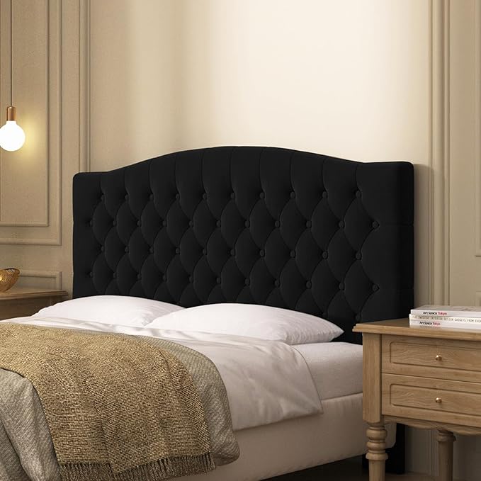 Furpopup Velvet Upholstered Headboard Queen/Full Size Latest Model Wall Mount, Bed Frame Mount, Featuring High-Density Sponge Padding, Luxury Texture Easy Assembly Comfort and Style-Black