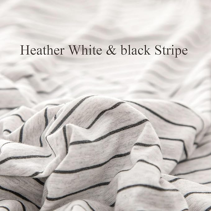 PURE ERA Jersey Knit Duvet Cover Set 100% T-Shirt Heather Cotton Super Soft Comfy Classic Striped Design, with Zipper Closure, Heather White & Black Pinstripe, Full