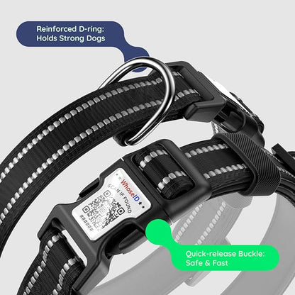 Airtag Dog Collar, Reflective Ultra-Durable Nylon Padded with QR Code Buckle & IP68 Waterproof Air Tag Holder Compatible for Apple AirTag, Comfortable for Small Medium Large Dogs(Black,M)