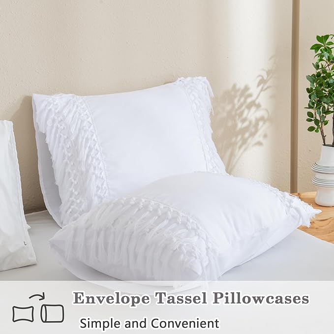 Andency White Comforter Set King, 3 Pieces Boho Tassel Lightweight Soft Bedding Comforter Sets for King Bed, All Season Fluffy Fringe Bed Set (104x90In Comforter & 2 Pillowcases)