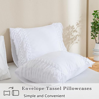 Andency White Comforter Set Queen, 3 Pieces Boho Tassel Lightweight Soft Bedding Comforter Sets, All Season Fluffy Fringe Bed Set (90x90In Comforter & 2 Pillowcases)