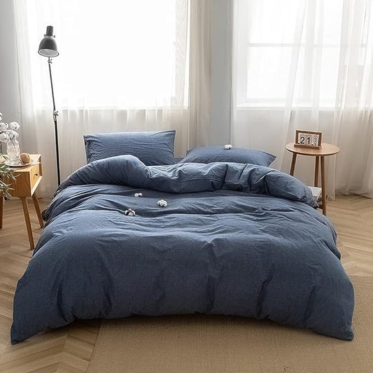 FACE TWO FACE Bedding Duvet Cover Set100% Washed Cotton Duvet Cover Linen Like Textured Breathable Durable Soft Comfy(California King, Navy Blue)