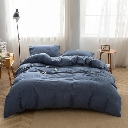 FACE TWO FACE Bedding Duvet Cover Set100% Washed Cotton Duvet Cover Linen Like Textured Breathable Durable Soft Comfy(Queen, Navy Blue)
