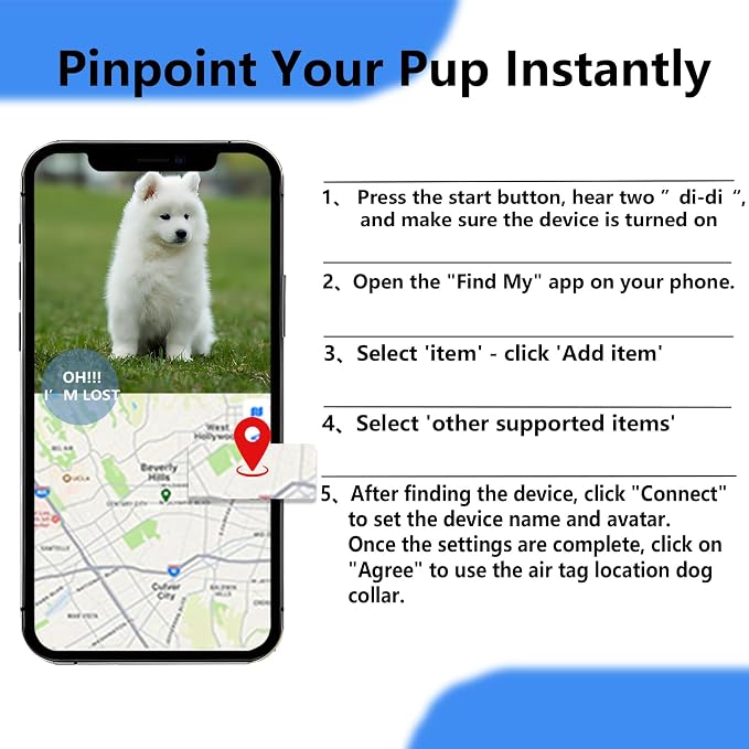 1Pc Air Tags Dog Collar Tracker, Waterproof Pet Collar Location Tracker with Air-Tag Chip for Apple Find My (iOS only) (Blue, M)