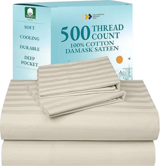 California Design Den 4 Piece King Size Sheet Set - 100% Cotton 500 Thread Count Sateen, Deep Pocket Bed Sheets with Fitted Elastic Sheet, Soft Luxury - Striped Ivory