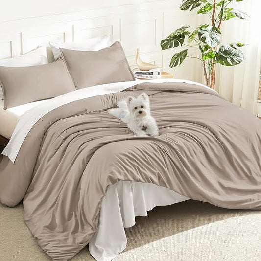Litanika Light Coffee Comforters Oversized Queen Size, 3 Pieces Lightweight Solid Bedding Comforter Set, All Season Fluffy Bed Set (98x98In Comforter & 2 Pillowcases)