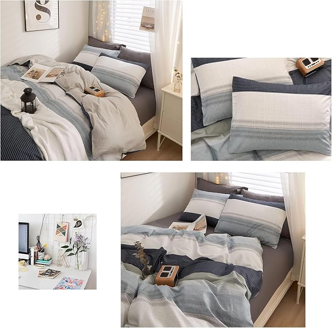 VM VOUGEMARKET Stripes Comforter Set King Gray Blue Striped Bedding Comforter with 2 Pillowcases Modern Style Lightweight Soft Comforter Set for Men Adutls