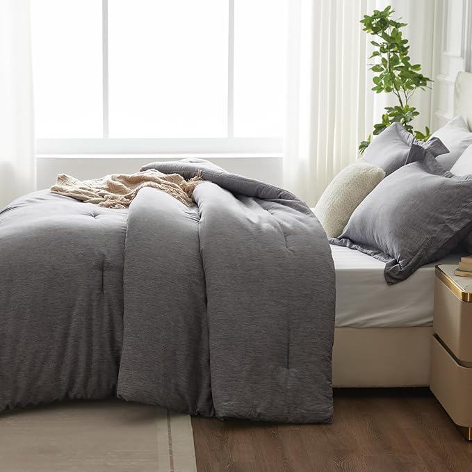 CozyLux Oversized King Comforter Set, 3 Pieces 120x98 Grey Soft Luxury Cationic Dyeing Bedding Set All Season, Gray Breathable Lightweight Bed Sets with 1 Down Alternative Comforter and 2 Pillow Shams