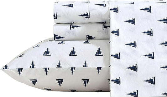 Nautica - Sheets, Cotton Percale Bedding Set with Matching Pillowcase, Crisp & Cool, Deep Pocket (Windtale Boat Navy, Twin XL)