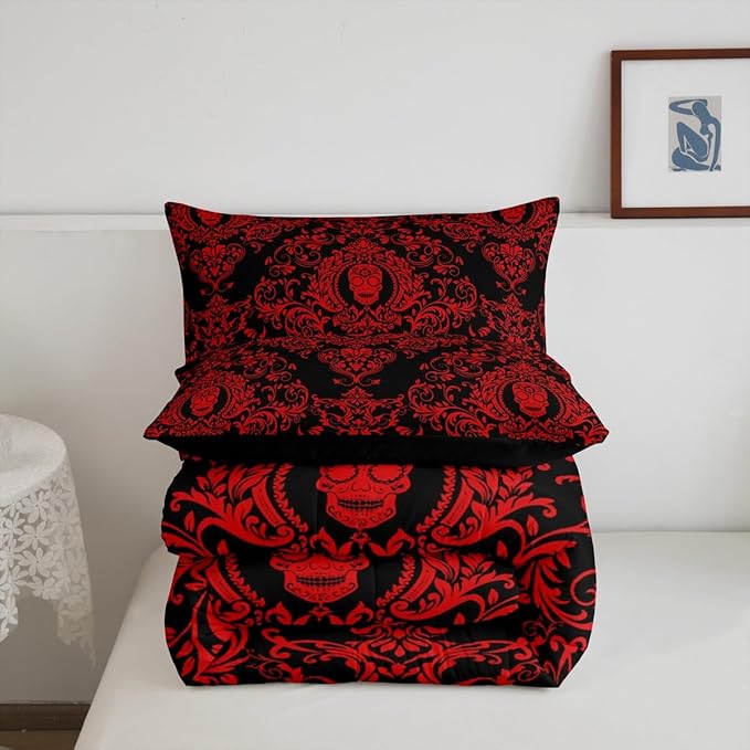 Feelyou Adults Red Vintage Damask Floral Comforter Set Oriental Antique Comforter Full Size Gothic Bohemia Boho Bedding Set Exotic Sugar Skull Duvet Set Quilt Set 3Pcs