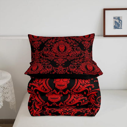 Feelyou Adults Red Vintage Damask Floral Comforter Set Oriental Antique Comforter Queen Size Gothic Bohemia Boho Bedding Set Exotic Sugar Skull Duvet Set Quilt Set 3Pcs