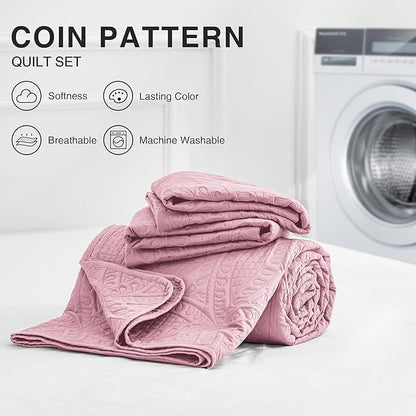 Love's cabin Twin Quilt Set Pink Bedspreads - Soft Bed Summer Lightweight Bedspread Comforter - Modern Style Coin Pattern Coverlet for All Season - 2 Pieces (1 Quilt, 1 Pillow Sham)