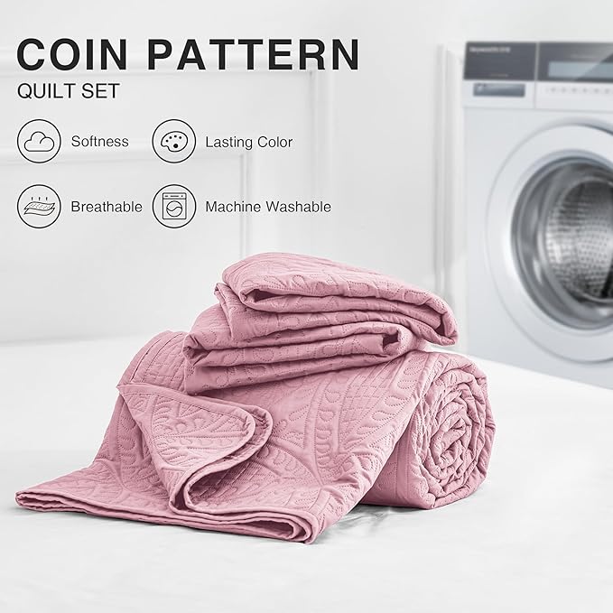 Love's cabin Quilts for Full Bed Pink Bedspreads Bedding Set - Lightweight Bedspread Comforter - Coin Pattern Bedding Coverlet for All Season - 3 Pieces (1 Quilt, 2 Pillow Shams)