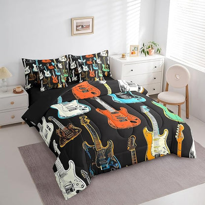 Castle Fairy Sketch Guitar Bass Comforter Set,Musical Instrument 7 Piece Bed Set Full Size for Kids,Modern Music Lover Bed in a Bag Bedding Set with Comforter,Sheet Set,Pillowcases,Pillow Covers