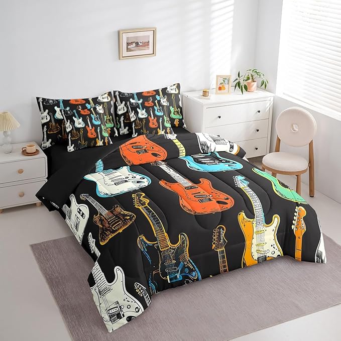 Castle Fairy Sketch Guitar Bass Comforter Set,Musical Instrument 7 Piece Bed Set Queen Size for Kids,Modern Music Lover Bed in a Bag Bedding Set with Comforter,Sheet Set,Pillowcases,Pillow Covers