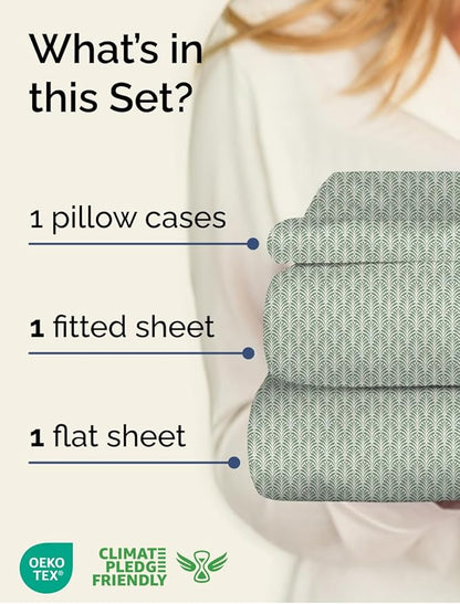 Floral Sheets - Green Floral Bed Sheet Set - 1 Flat, 1 Fitted & 1 Pillowcase w/ Deep Pockets - Comfy, Cozy, Wrinkle & Fade Free - Boho Botanical Bedding - Soft, Breathable & Cooling - Twin Size Set