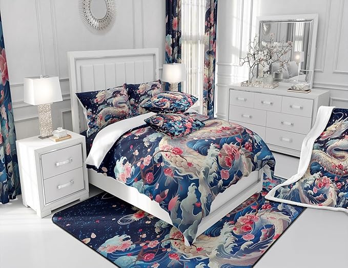 Dragon Bedding Set Queen Size,Pink Cherry Blossom Japanese Ukiyoe Comforter Set,Kids Girls Boys Teens Bedroom Decor,Ocean Sea Wave Quilt Set Western Wildlife White Dragon Duvet Insert,2 Pillowcases