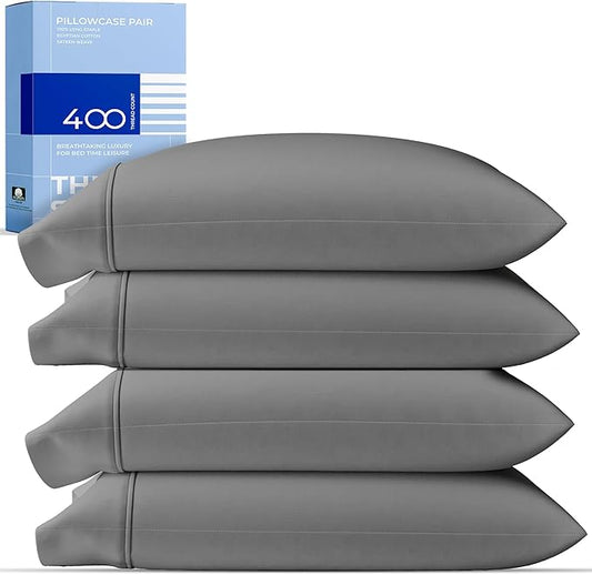 THREAD SPREAD 100% Cotton King Size Pillow Cases Set of 2 - Luxury 400 Thread Count Pillow Cases King Size (Dark Grey), Soft Cooling Breathable & Durable Sateen Weave Hotel Quality Cotton Pillowcases