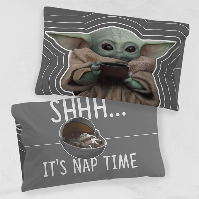 Jay Franco Star Wars The Mandalorian Coffee 1 Pack Pillowcase - Double-Sided Kids Super Soft Bedding - Features The Child Baby Yoda Grogu
