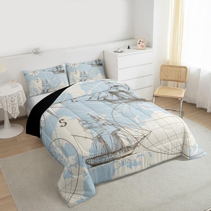 Nautical Queen Comforter Set, Retro Sailboat Bedding Set for Boys Girls Kids Teens, World Map Sketch Down Comforter, Vintage Anchor Compass Duvet Set, Yacht Ship Kids Comforter Sets, White Blue 3Pcs