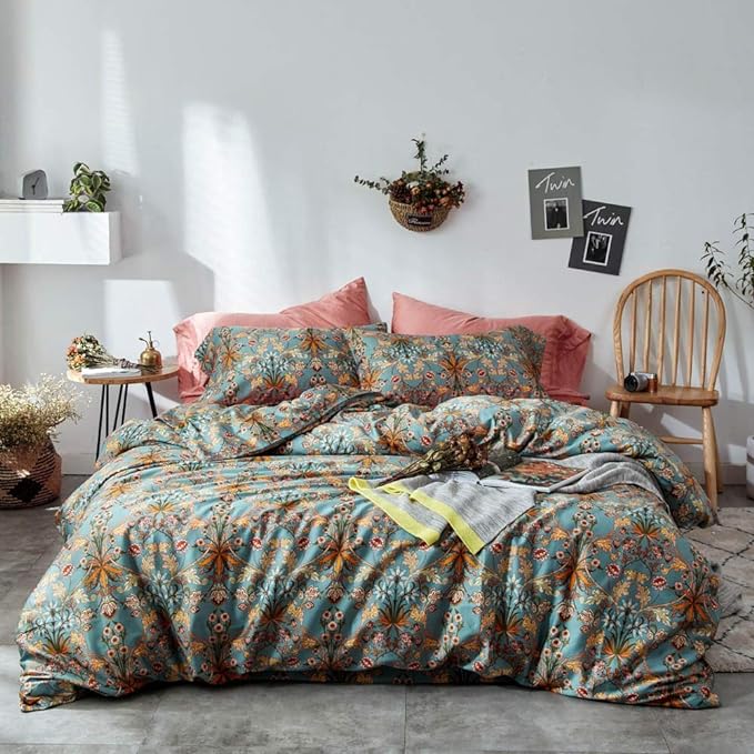 VM VOUGEMARKET Green Gold Duvet Cover Queen,Medallion Paisley Print Bedding Set 400 Thread Count Percale Cotton Vibrant Bohemian Pattern Quit Cover with Zipper Closure