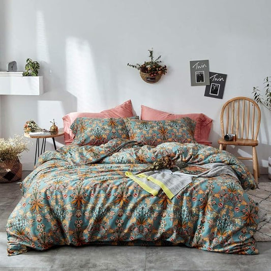 VM VOUGEMARKET Green Gold Duvet Cover Queen,Medallion Paisley Print Bedding Set 400 Thread Count Percale Cotton Vibrant Bohemian Pattern Quit Cover with Zipper Closure