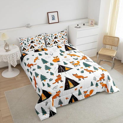 Feelyou Camping Comforter Set Full Size Fox Comforter Camper Accessories for Travel Trailers Bedding Set Cute Duvet Set Room Decor Wool White Quilt Set