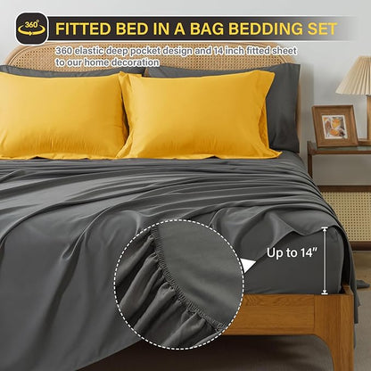 Cosybay Bed in a Bag King Reversible Comforter Sets 7pcs All Season Down Alternative Bedding Sets Yellow and Grey with Comforter, Pillow Shams, Flat Sheet, Fitted Sheet and Pillowcase